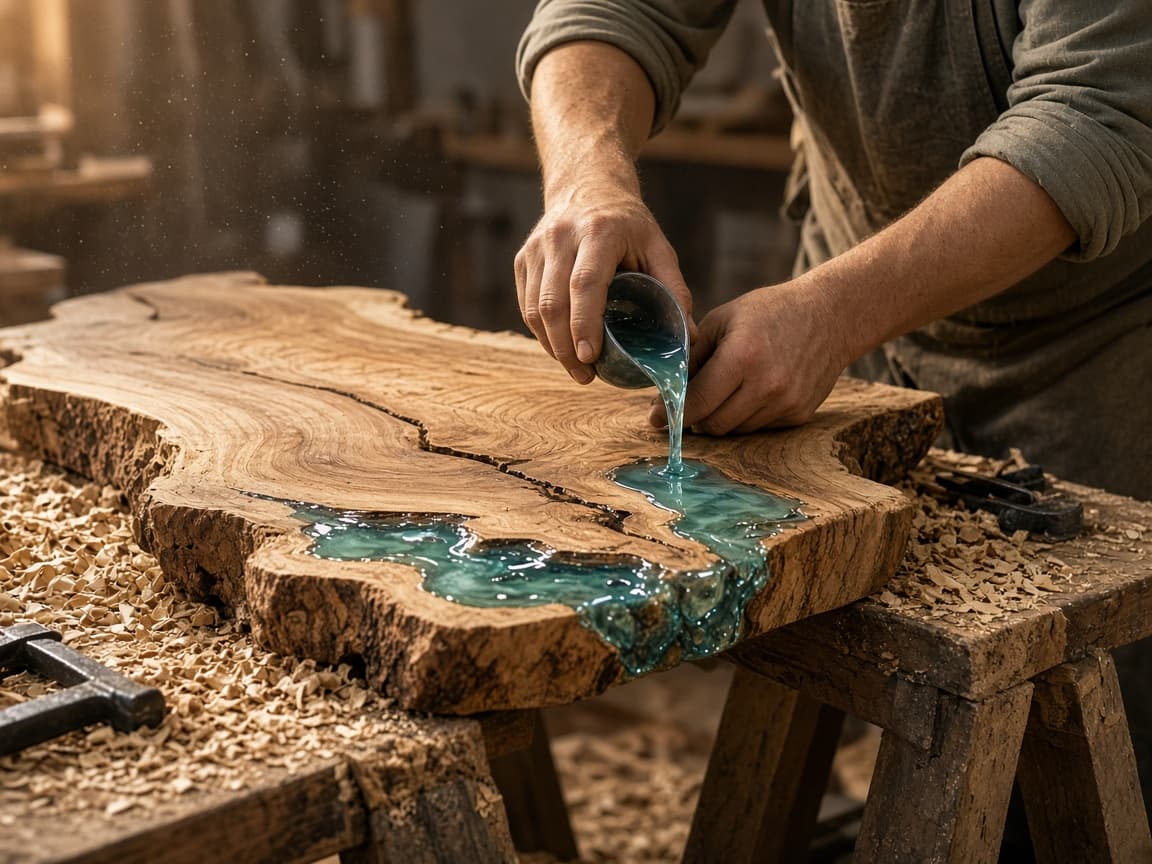 Resin being poured into the crack of a timber slab