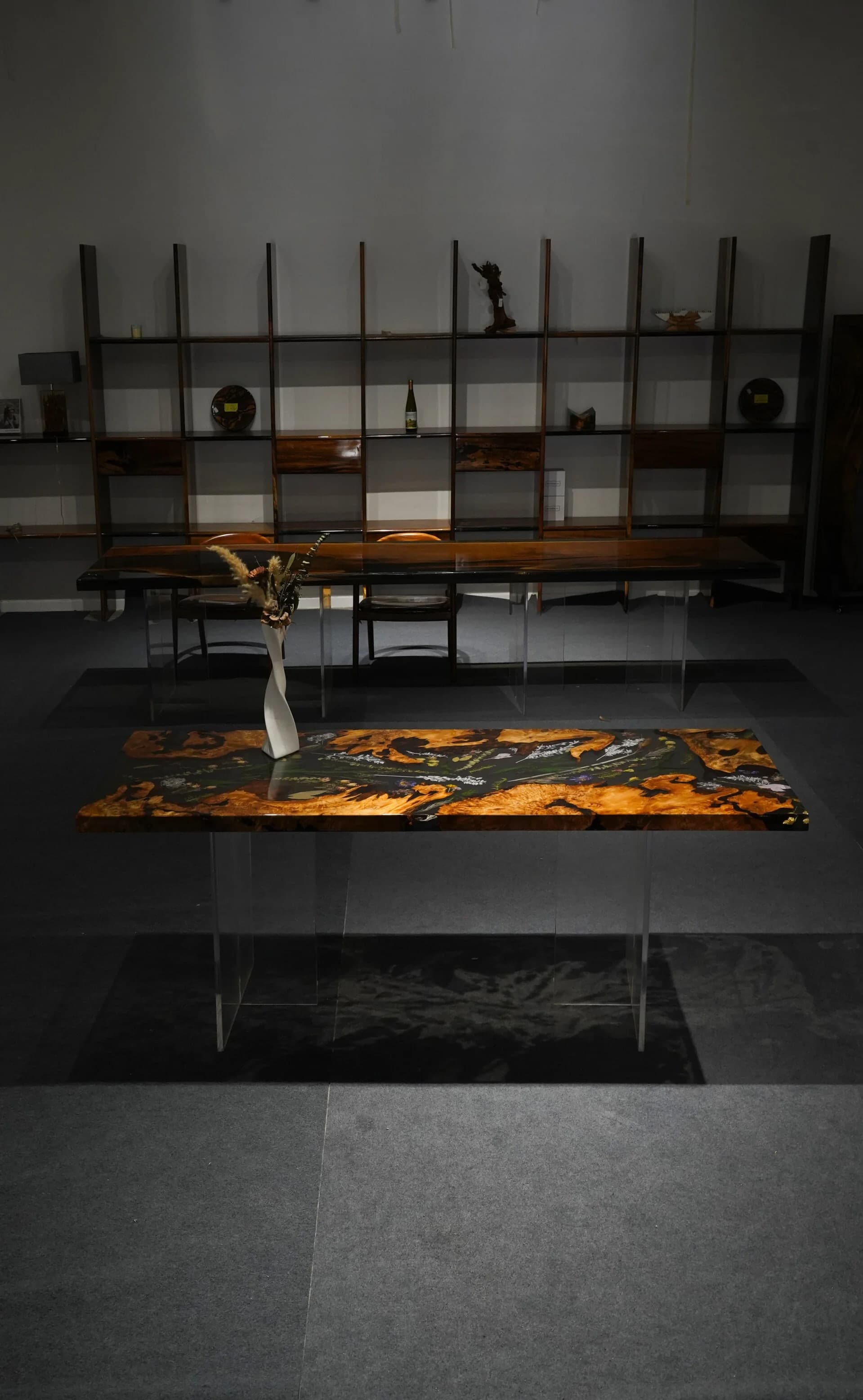 Herbarium of Night dining table in fir burl, black resin, and real flowers, 200 by 80 centimetres
