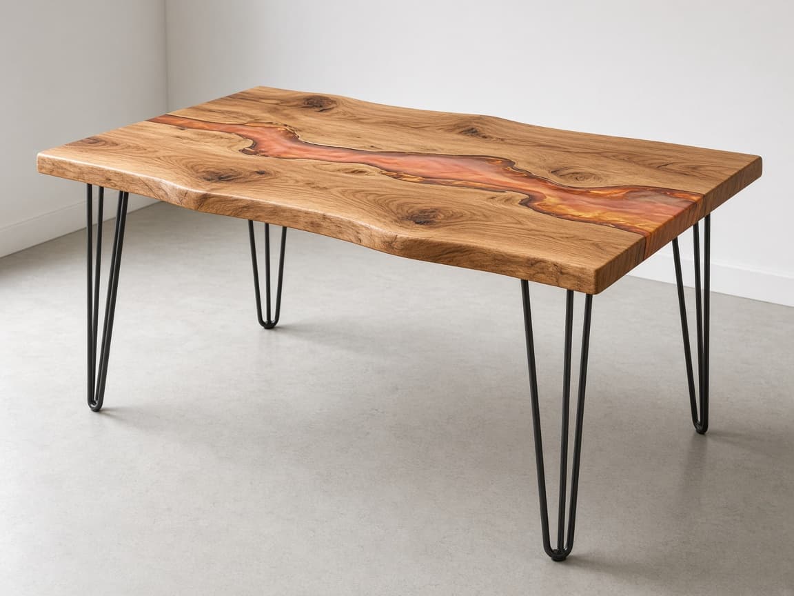 A 200 by 80 centimetre timber dining table with an amber resin vein