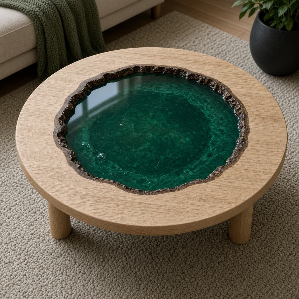A 90 centimetre round coffee table with an emerald resin centre