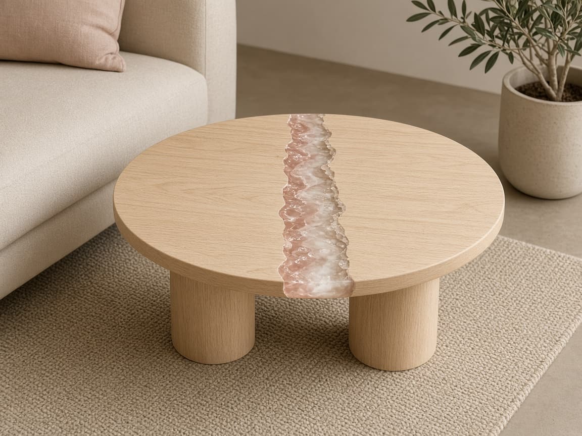 A 120 by 50 centimetre oval timber side table with a soft resin centre