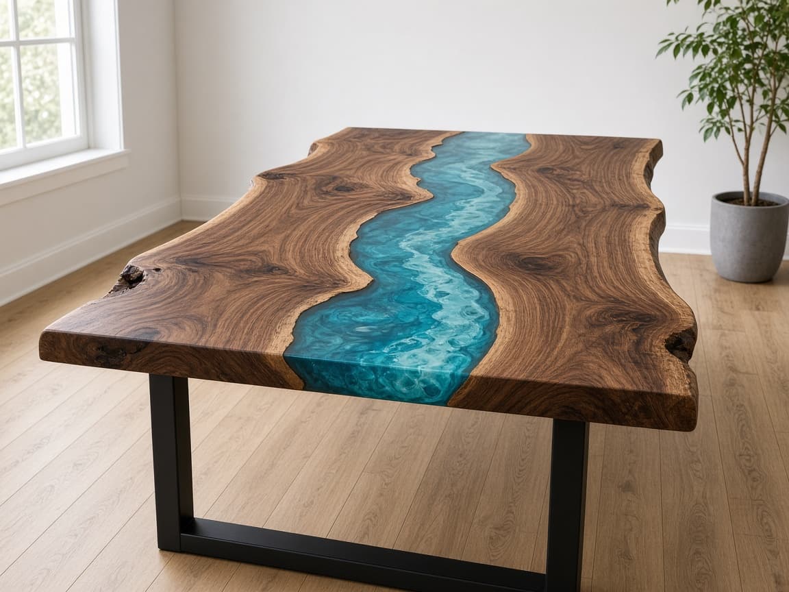 A 200 by 100 centimetre timber dining table with a teal resin river
