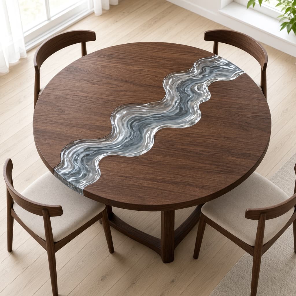 A 130 centimetre round timber table with a clear resin wave