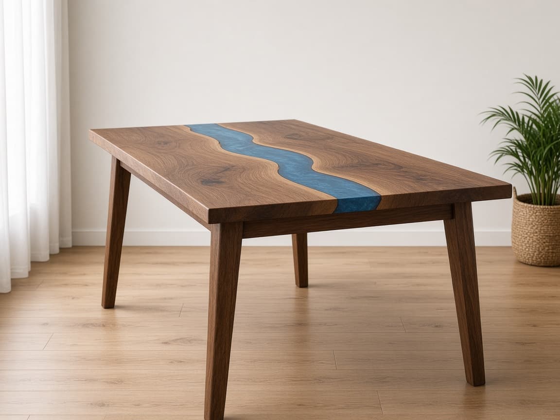 A 180 by 80 centimetre timber dining table with a slim blue resin river